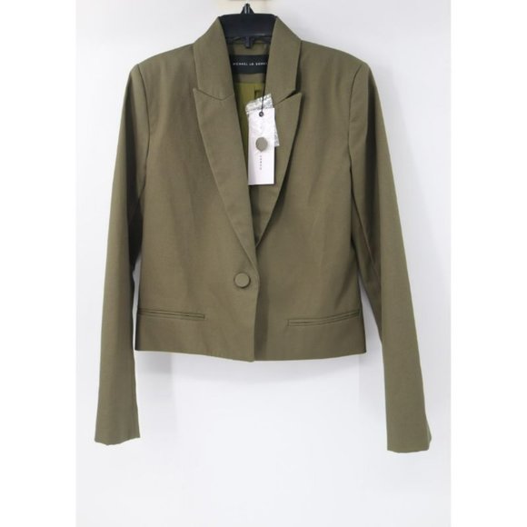 NWT‎ Michael Lo Sordo Crop Blazer Womens 6 One Button Cotton Green peak lapel - Picture 2 of 13